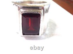 Hand Made Sterling Silver 8 Carat Emerald Cut Garnet Ring Men's Sz 10.5