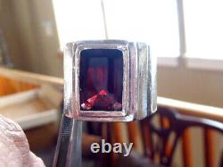 Hand Made Sterling Silver 8 Carat Emerald Cut Garnet Ring Men's Sz 10.5