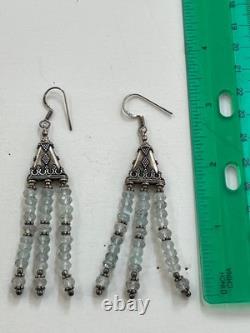 Hand Made Sterling Silver. 925 and aquamarine 3 inch dangle earrings