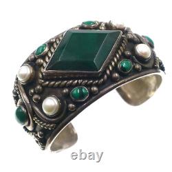 Hand Made Sterling Silver Malachite and Pearl Cuff Bracelet 7 inches