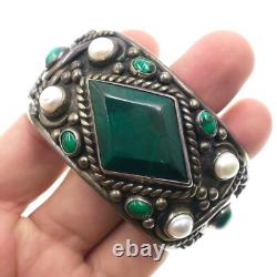 Hand Made Sterling Silver Malachite and Pearl Cuff Bracelet 7 inches
