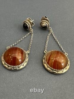 Hand Made Sterling Silver Red And Black Agate Diamond Dangling Earrings