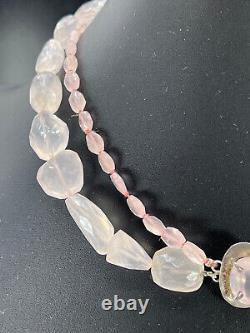 Hand Made double 20 Rose quartz sterling silver clasp bead Necklace knotted