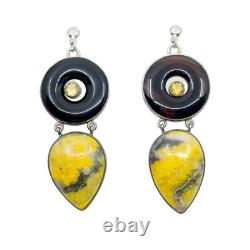 Hand Made sterling silver onyx agate & citrine drop earrings GM688