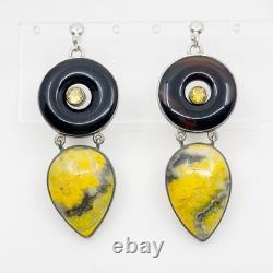 Hand Made sterling silver onyx agate & citrine drop earrings GM688
