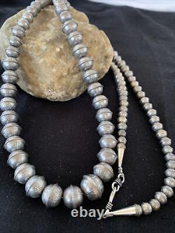 Hand Stamped Bench Navajo Pearls Graduated Sterling Silver Bead Necklace 36