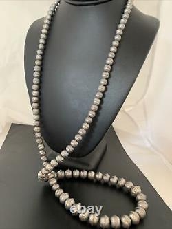 Hand Stamped Bench Navajo Pearls Graduated Sterling Silver Bead Necklace 36