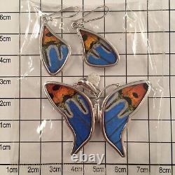 Hand made 925 sterling silver inlaid Natural-butterfly pendant & earrings suit