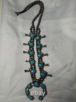 Hand made Antique Silver Squash Blossom Turquoise Necklace for sale