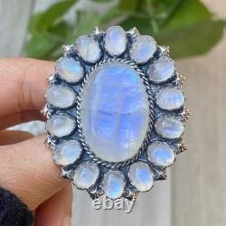 Handcrafted Rainbow Moonstone Statement Ring. Made In 925 Sterling Silver. Bo