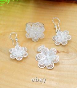 Handmade Triple Jewelry Set Made of Sterling Silver, Necklace, Earrings, Ring