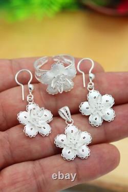 Handmade Triple Jewelry Set Made of Sterling Silver, Necklace, Earrings, Ring