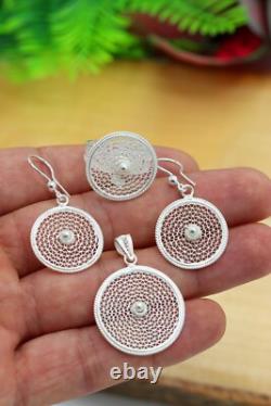 Handmade Triple Jewelry Set Made of Sterling Silver, Necklace, Earrings, Ring