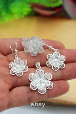 Handmade Triple Jewelry Set Made of Sterling Silver, Necklace, Earrings, Ring