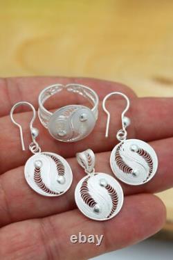 Handmade Triple Jewelry Set Made of Sterling Silver, Necklace, Earrings, Ring