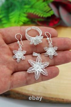 Handmade Triple Jewelry Set Made of Sterling Silver, Necklace, Earrings, Ring
