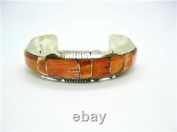 Heavy Native American Made Sterling Silver Orange Spiny Oyster Inlay Bracelet