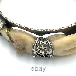 Hector Fernandez Made in Moon Signed 925 Cuff Bracelet Nude Woman Carved Antler