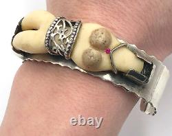 Hector Fernandez Made in Moon Signed 925 Cuff Bracelet Nude Woman Carved Antler