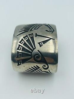 Hopicrafts Vintage Hopi Sterling Silver Hand Made Signed Wide Cuff Bracelet