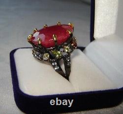 Huge Genuine 46.15 Carat Ruby, Peridot, Sapphire 925 Sterling Silver Ring Sz 8.5