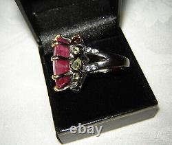 Huge Genuine 46.15 Carat Ruby, Peridot, Sapphire 925 Sterling Silver Ring Sz 8.5