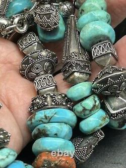 Huge Vintage Kingman Turquoise Hand made Sterling Silver Beaded Necklace 170 gr