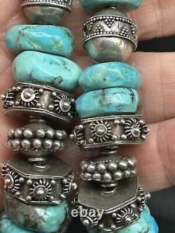 Huge Vintage Kingman Turquoise Hand made Sterling Silver Beaded Necklace 170 gr