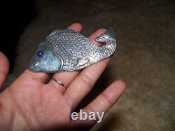 Huge statement studio well made sterling silver 925 fish lapis eye pin brooch