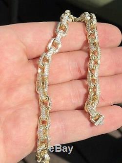 Iced Out Rolo Link Bracelet 14k Gold Over Solid 925 Silver Man Made Diamonds 6mm