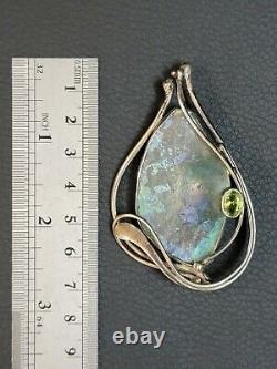 Iridescent Mother Of Pearl & Green Peridot Artisan Made Sterling Silver Pendant