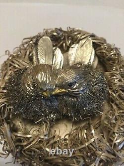 Italo Gori sterling silver furry wire sparrows birds in nest made in Italy
