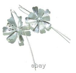 Italy Made. 925 Sterling Silver Flower Earrings 2 3/8 Long Handcrafted Jew