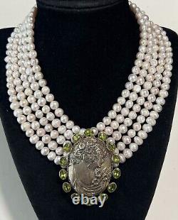 JTYDS Made in USA Sterling Silver Peridot CAMEO Multi Strand Pearl Necklace NWT