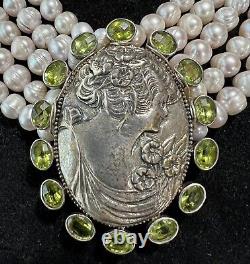 JTYDS Made in USA Sterling Silver Peridot CAMEO Multi Strand Pearl Necklace NWT