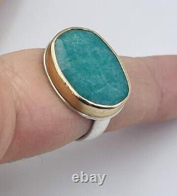 Jamie Joseph Hand Made Sterling Silver & 14k Gold Amazonite Ring Size 7