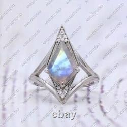 Kite Rainbow Moonstone Moissanite Delicate Curve Band Ring 925 Sterling Silver