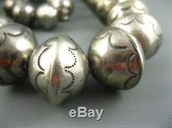 LARGE 220 GRAMS Navajo Hand Made Stamped Sterling Pearls Beads Necklace 27 Inch