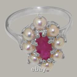 LBG British Made 925 Sterling Silver Ring with Natural Ruby & Cultured Pearl Wom
