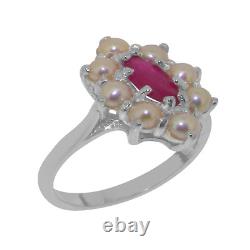 LBG British Made 925 Sterling Silver Ring with Natural Ruby & Cultured Pearl Wom