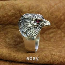 LINSION 925 Sterling Silver Man Made Pigeon Blood Red Eyes Eagle Ring TA251C