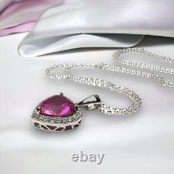Lab Made Bright Pink Sapphire Heart Pendant Sterling Silver 925