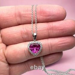 Lab Made Bright Pink Sapphire Heart Pendant Sterling Silver 925