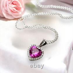 Lab Made Bright Pink Sapphire Heart Pendant Sterling Silver 925
