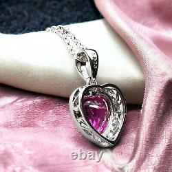 Lab Made Bright Pink Sapphire Heart Pendant Sterling Silver 925