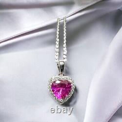 Lab Made Bright Pink Sapphire Heart Pendant Sterling Silver 925