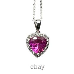 Lab Made Bright Pink Sapphire Heart Pendant Sterling Silver 925