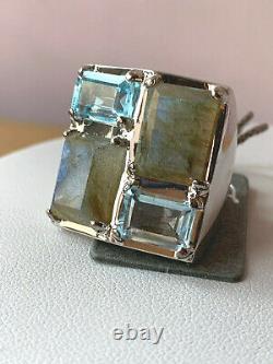 Labradorite & Blue Topaz Sterling Silver Designer Statement Ring Made In Italy