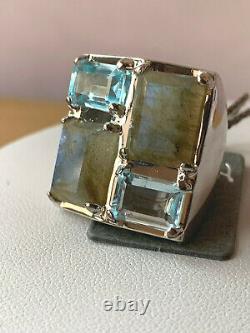 Labradorite & Blue Topaz Sterling Silver Designer Statement Ring Made In Italy