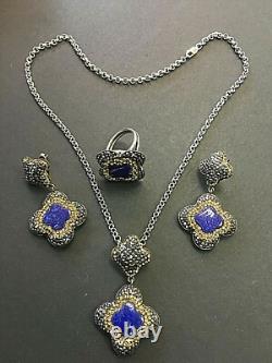 Lapis Canary Stones 925 Sterling Silver Earrings + Ring + Pendant Chain 20 49g